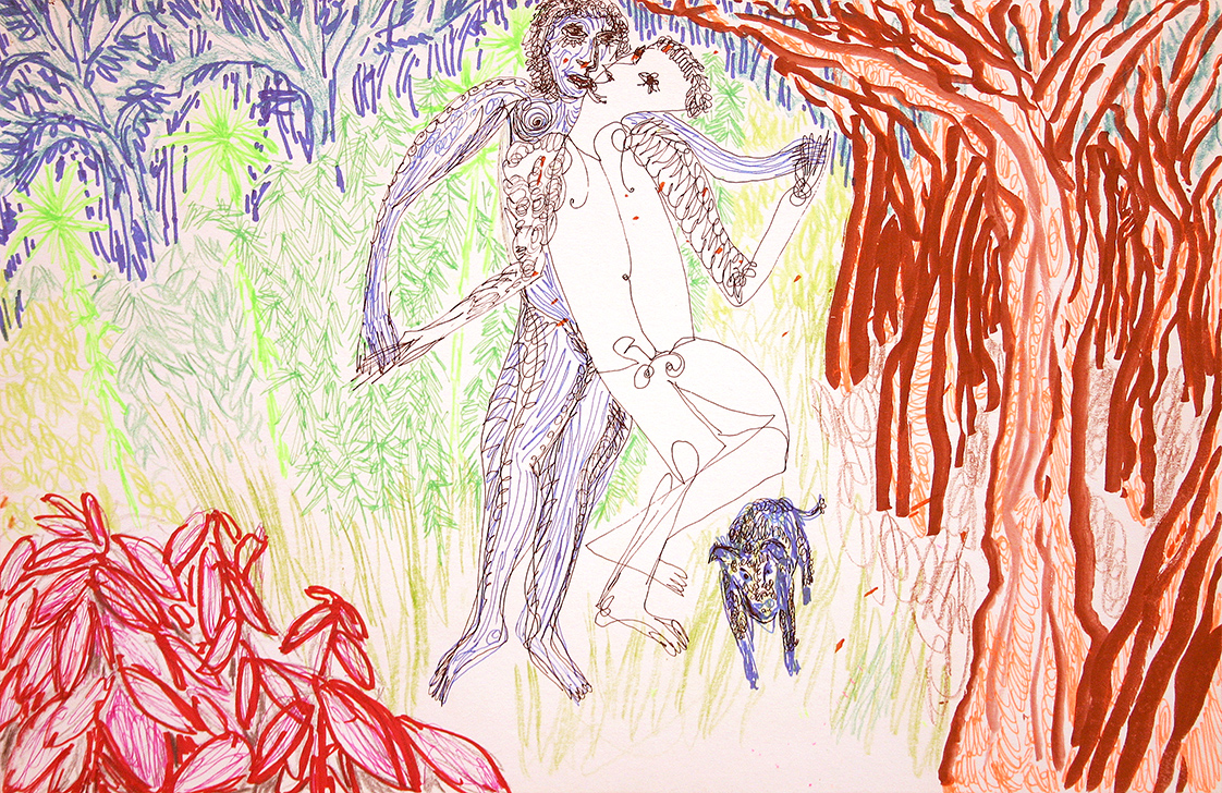 adam and eve and their doggie smooch in paradise (tekening van Franka Waaldijk)