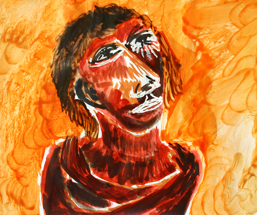 man lost in thoughts and orange background (tekening van Franka Waaldijk)