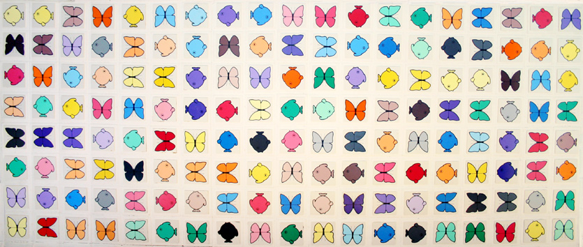 butterflies, fish (mural mosaic by Franka Waaldijk)