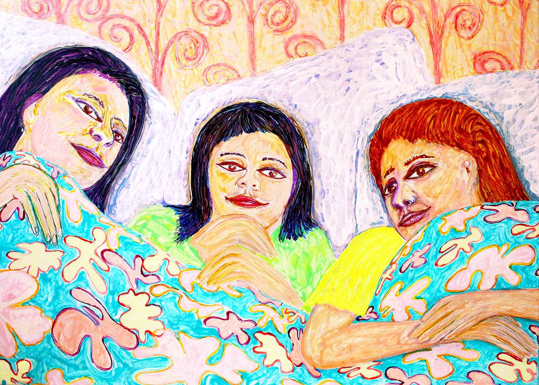 in the family bed (schilderij van franka waaldijk)